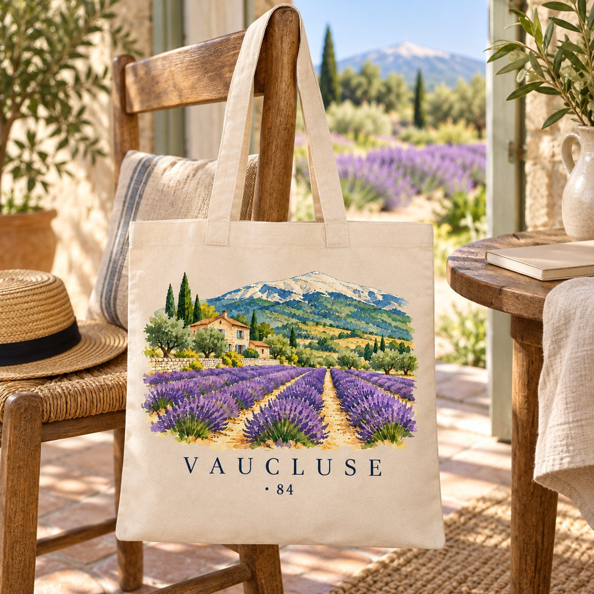 Tote bag Vaucluse (84) Essentiel suspendu à une chaise paillée près d'une porte ouverte sur les lavandes