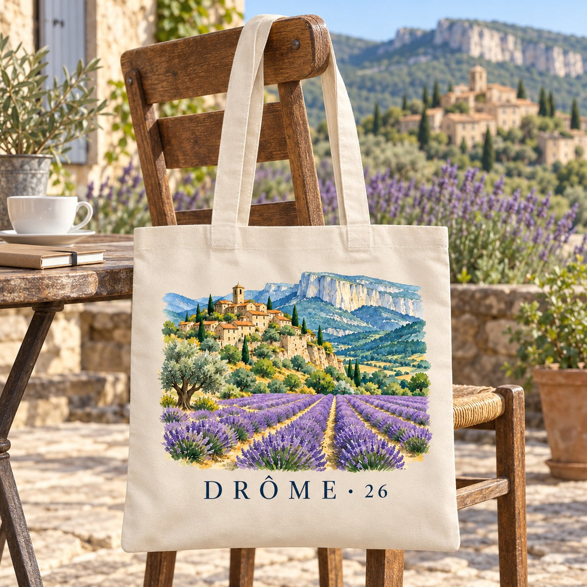 Tote bag Drôme (26) Essentiel suspendu à une chaise de bois en terrasse, avec un café et un livre