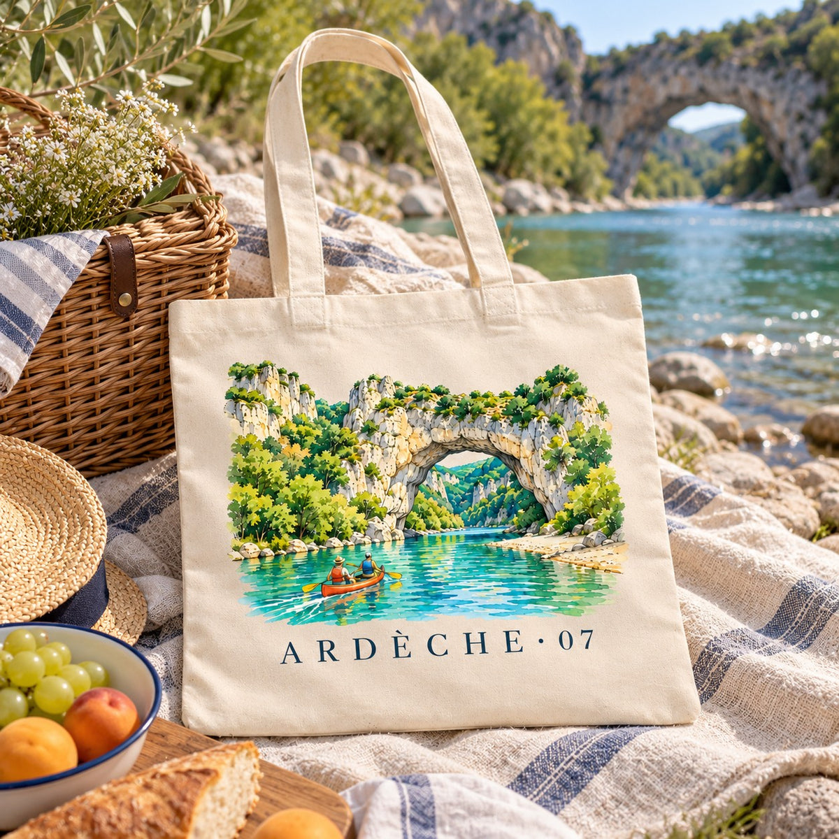 Tote bag Ardèche (07) Essentiel posé sur une nappe de pique-nique au bord de la rivière, Pont d'Arc en arrière-plan