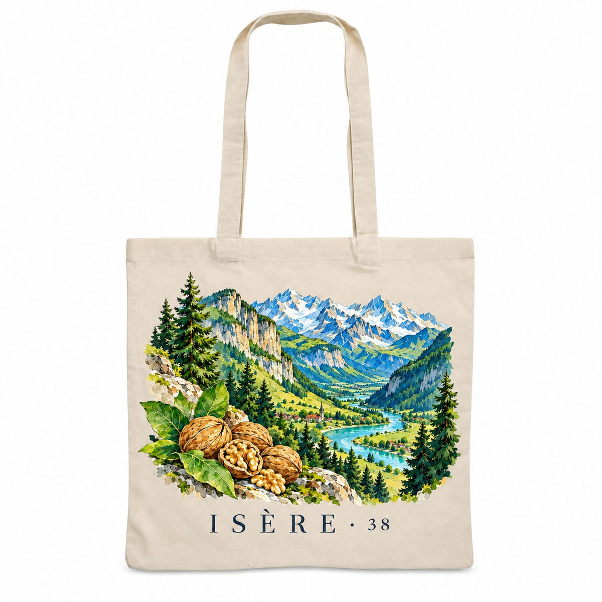 Tote bag Isère (38) Essentiel, sac plat en coton naturel 140 g/m² de 38 × 42 cm, illustration aquarelle des massifs alpins, des sapins, de la vallée et des noix