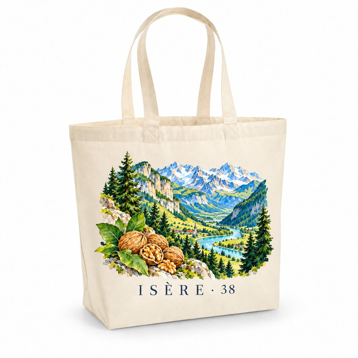 Tote bag Isère (38) Premium, cabas à soufflet en coton naturel 200 g/m² de 18 litres, illustration aquarelle des massifs alpins, des sapins, de la vallée et des noix