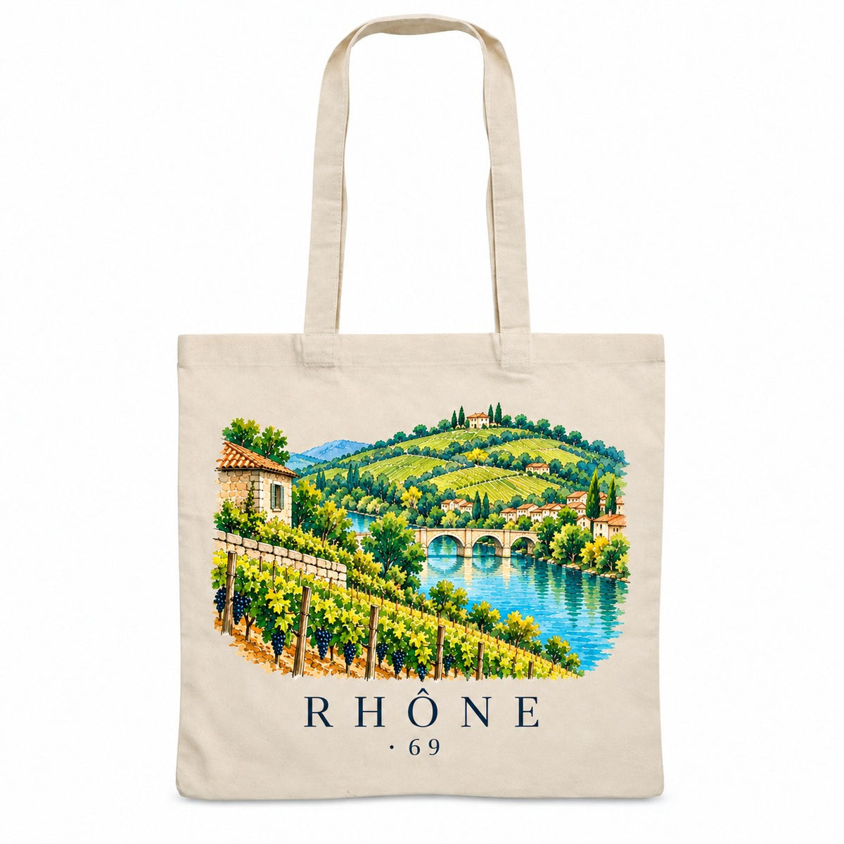 Tote bag Rhône (69) Essentiel, sac plat en coton naturel 140 g/m² de 38 × 42 cm, illustration aquarelle des coteaux de vignes, du fleuve et d'un pont de pierre