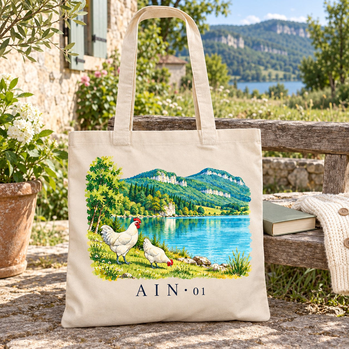 Tote bag Ain (01) Essentiel posé sur un banc devant une maison de pierre, avec un livre et un gilet
