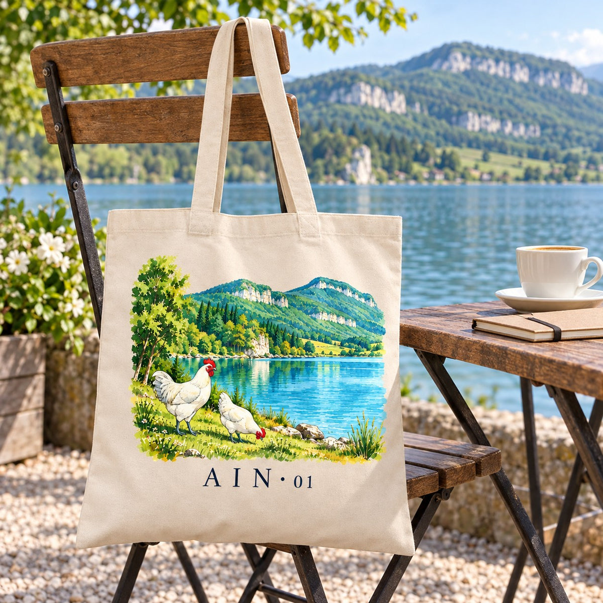 Tote bag Ain (01) Essentiel suspendu à une chaise en terrasse face au lac, avec un café et un carnet