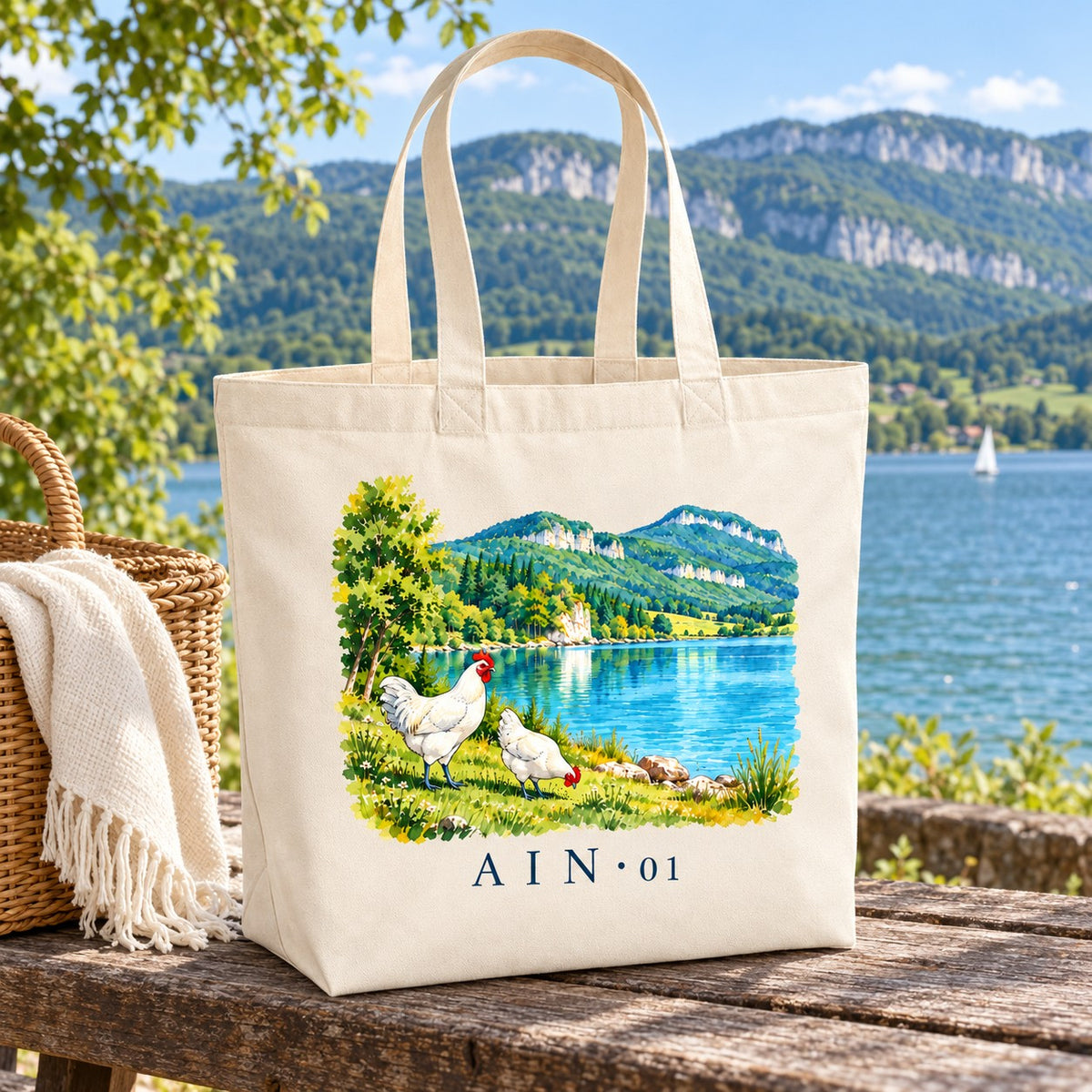 Tote bag Ain (01) Premium posé sur une table de bois face au lac, avec un panier et un plaid