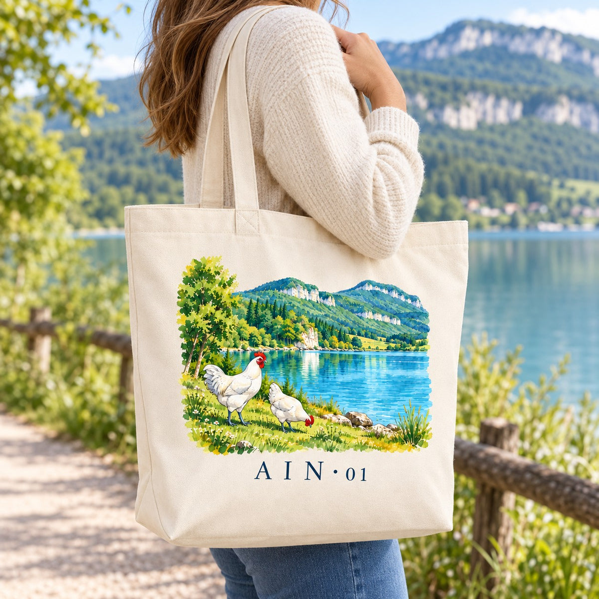 Tote bag Ain (01) Premium porté à l'épaule sur un chemin au bord du lac, montagnes en arrière-plan