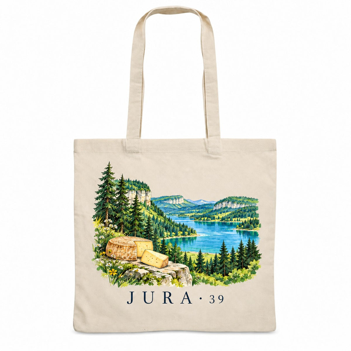 Tote bag Jura (39) Essentiel, sac plat en coton naturel 140 g/m² de 38 × 42 cm, illustration aquarelle d'un lac, des forêts de sapins et d'une meule de fromage