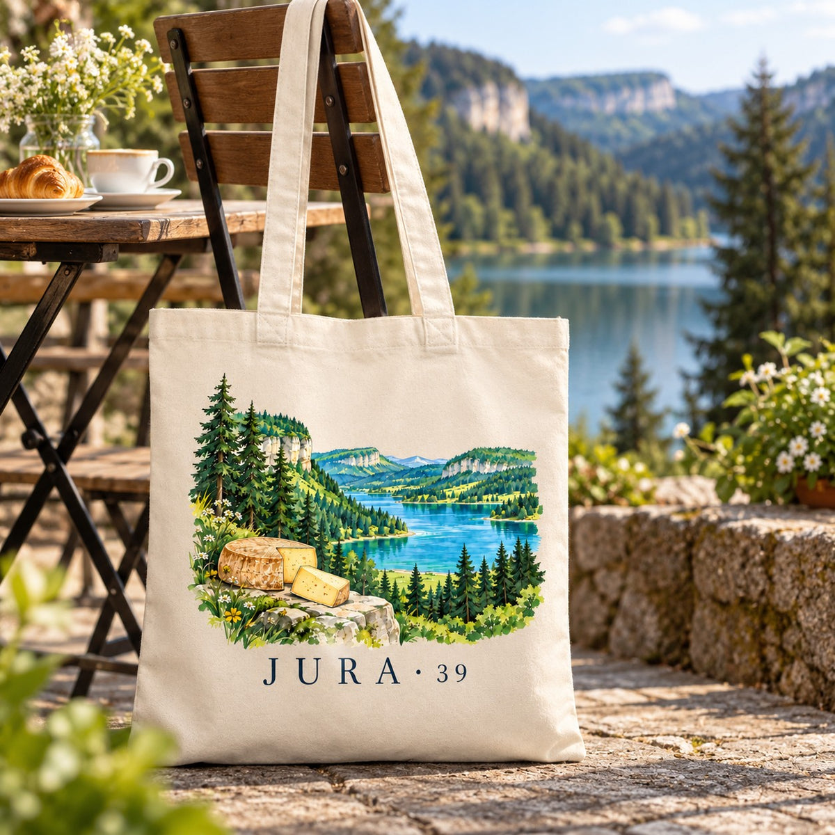 Tote bag Jura (39) Essentiel suspendu à une chaise en terrasse face au lac, avec un café et un croissant