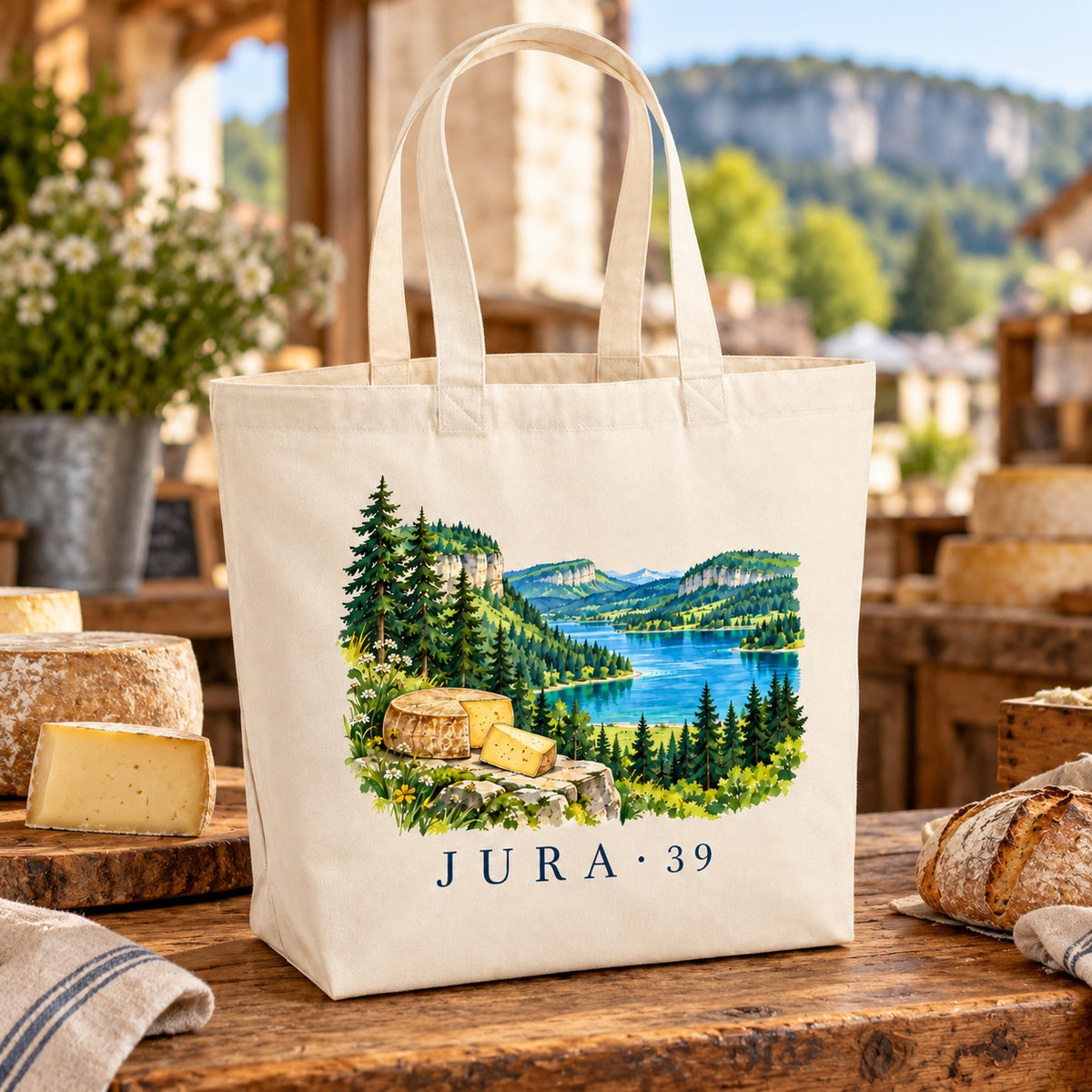 Tote bag Jura (39) Premium posé sur un étal de fromagerie, avec du pain