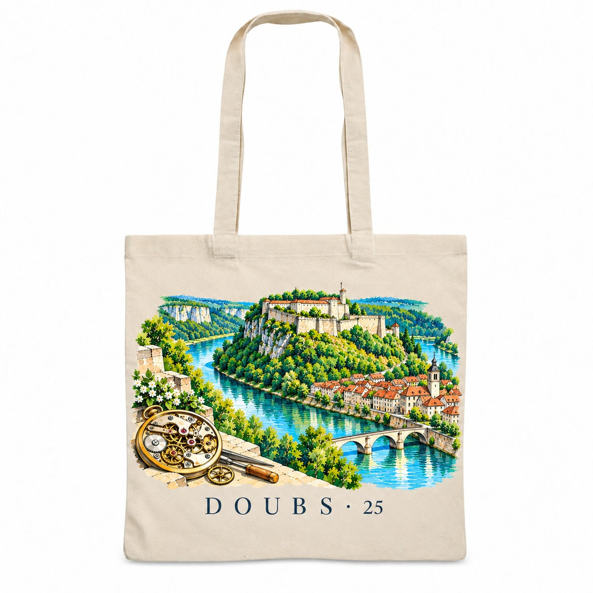 Tote bag Doubs (25) Essentiel, sac plat en coton naturel 140 g/m² de 38 × 42 cm, illustration aquarelle de la boucle du Doubs, de la citadelle et d'un mécanisme d'horlogerie