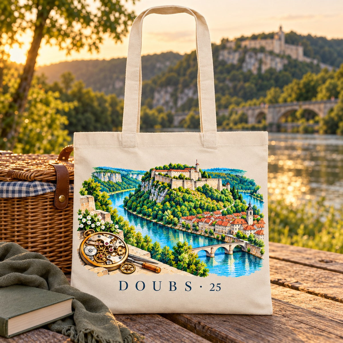 Tote bag Doubs (25) Essentiel posé sur une table de pique-nique face à la citadelle au coucher du soleil