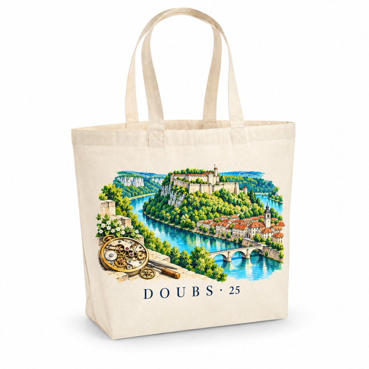 Tote bag Doubs (25) Premium, cabas à soufflet en coton naturel 200 g/m² de 18 litres, illustration aquarelle de la boucle du Doubs, de la citadelle et d'un mécanisme d'horlogerie