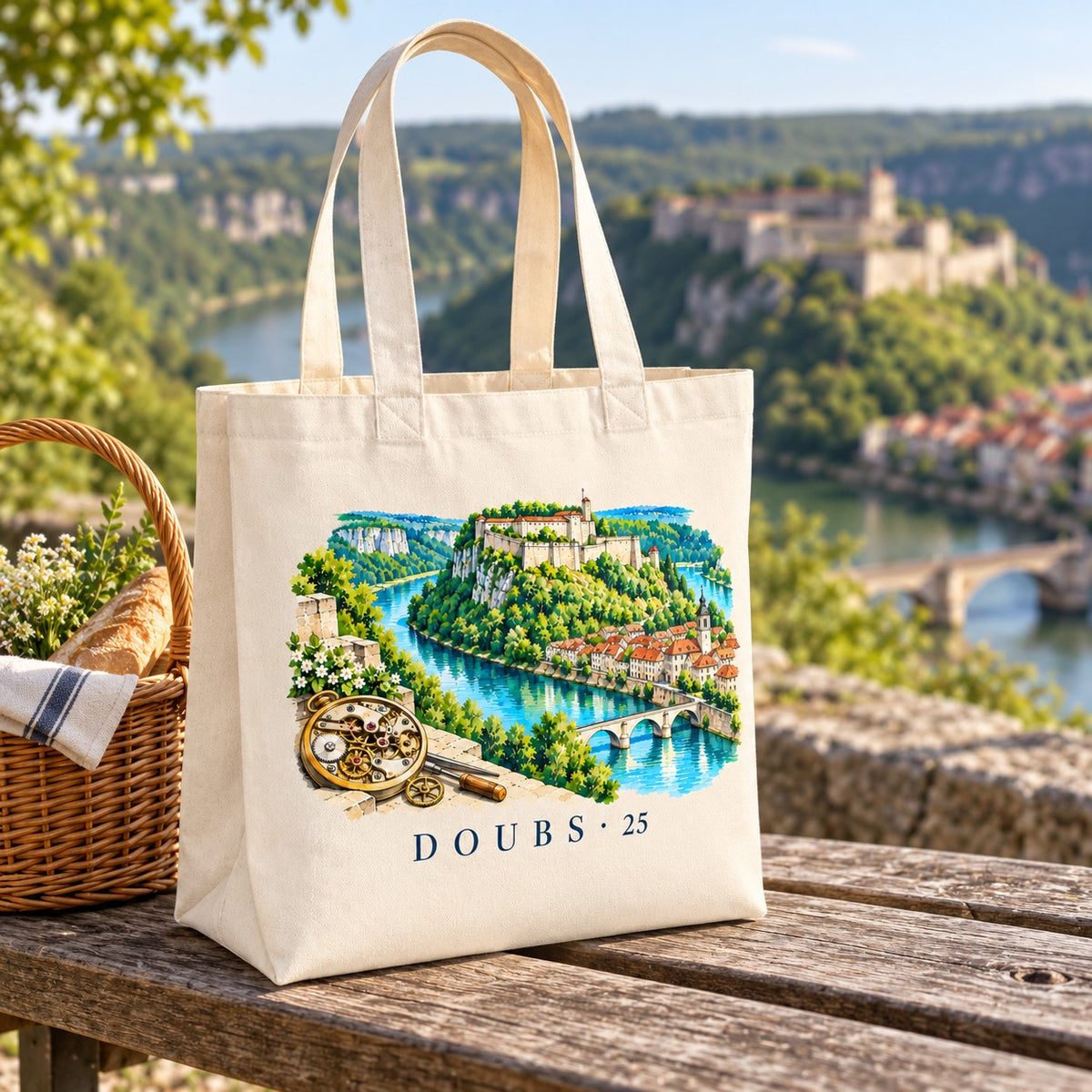 Tote bag Doubs (25) Premium posé sur un muret face à la citadelle, avec un panier