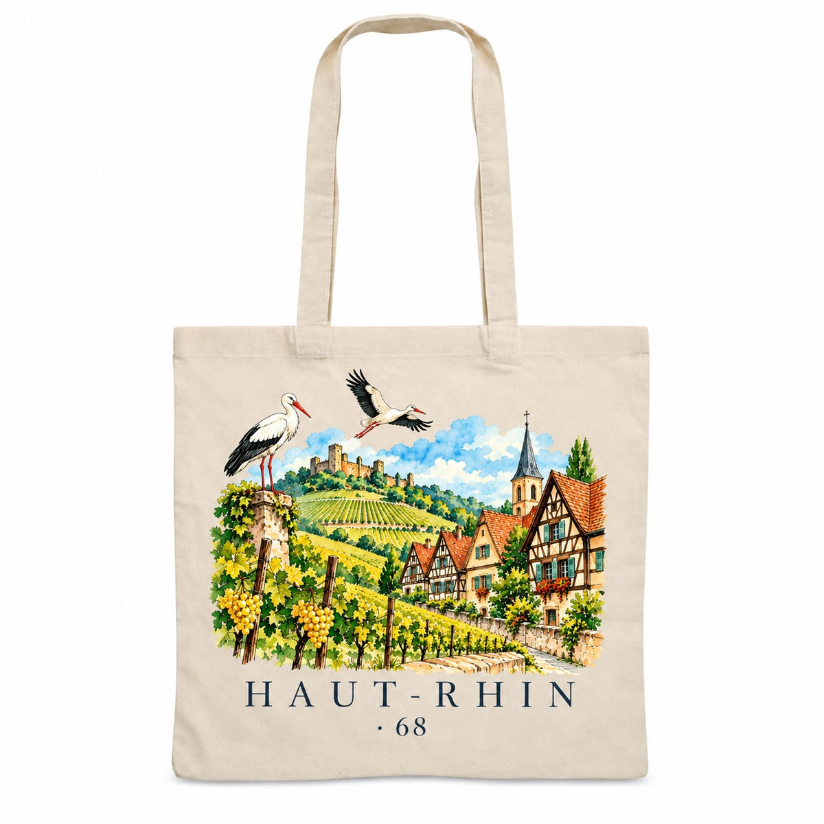 Tote bag Haut-Rhin (68) Essentiel, sac plat en coton naturel 140 g/m² de 38 × 42 cm, illustration aquarelle des cigognes, d'un village à colombages et des vignes