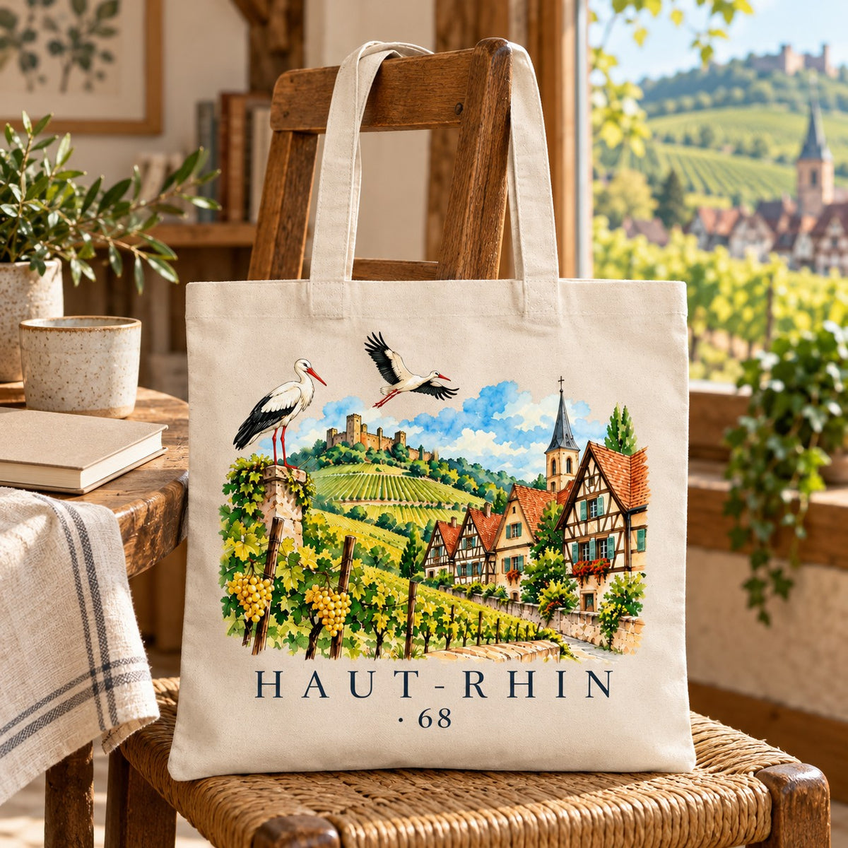Tote bag Haut-Rhin (68) Essentiel suspendu à une chaise paillée près d'une fenêtre ouverte sur les vignes