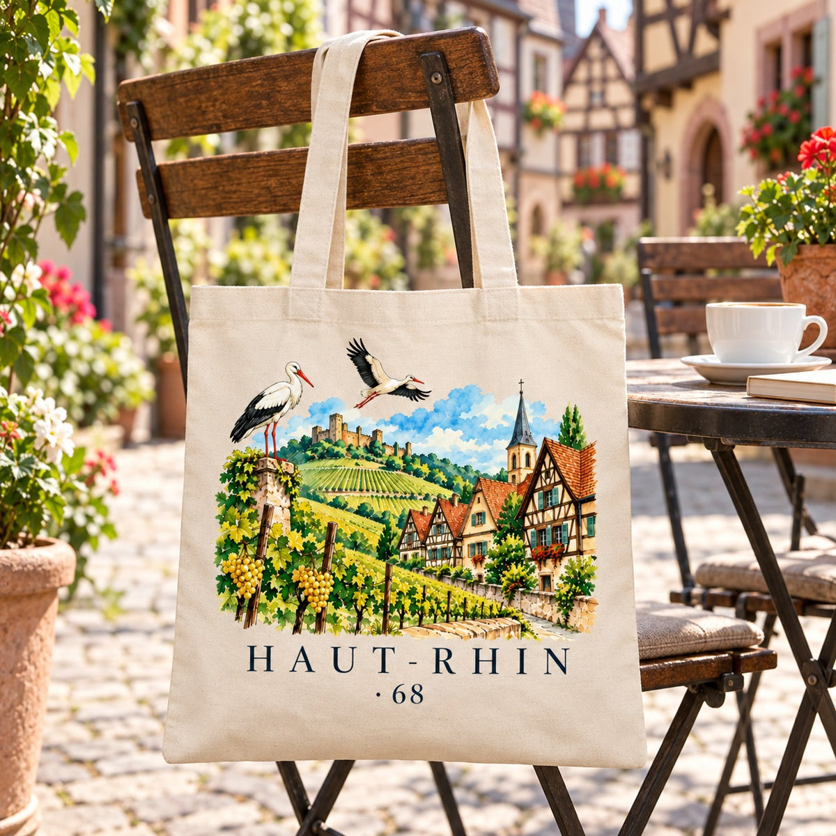 Tote bag Haut-Rhin (68) Essentiel suspendu à une chaise en terrasse dans une ruelle pavée, avec un café