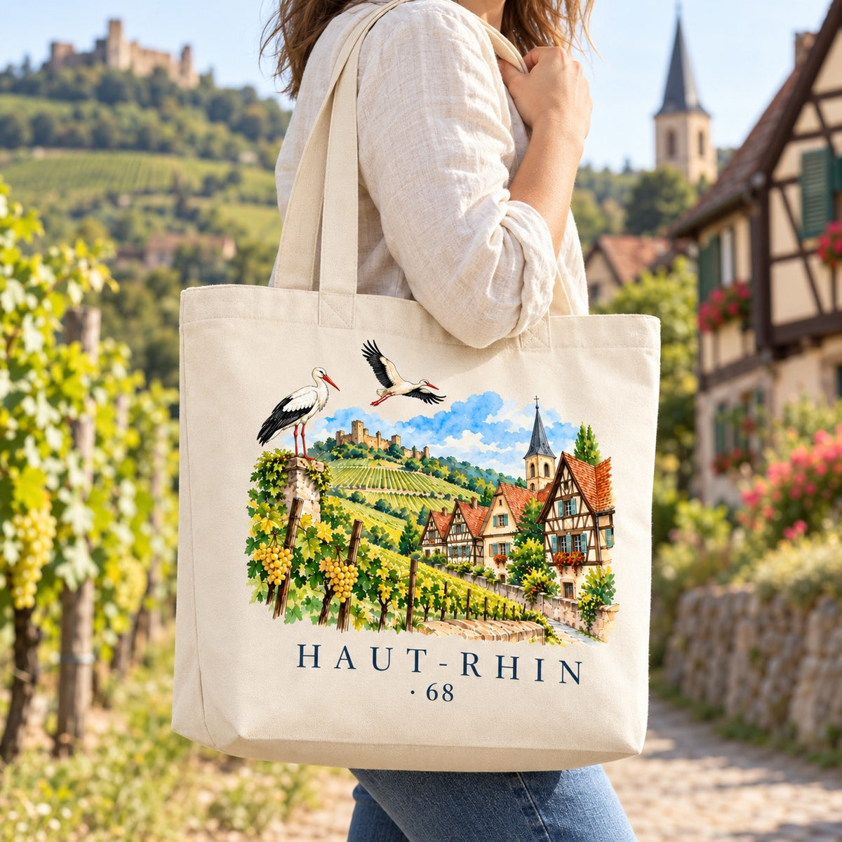 Tote bag Haut-Rhin (68) Premium porté à l'épaule sur un chemin de vignes, village à colombages en arrière-plan