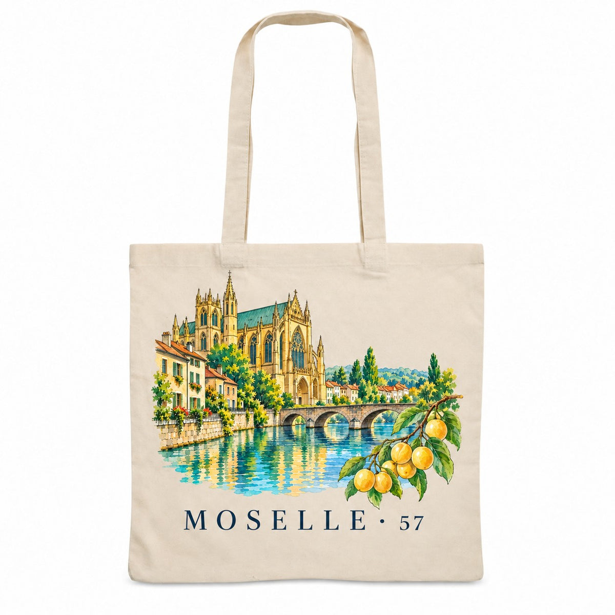 Tote bag Moselle (57) Essentiel, sac plat en coton naturel 140 g/m² de 38 × 42 cm, illustration aquarelle de la cathédrale, de la Moselle et des mirabelles