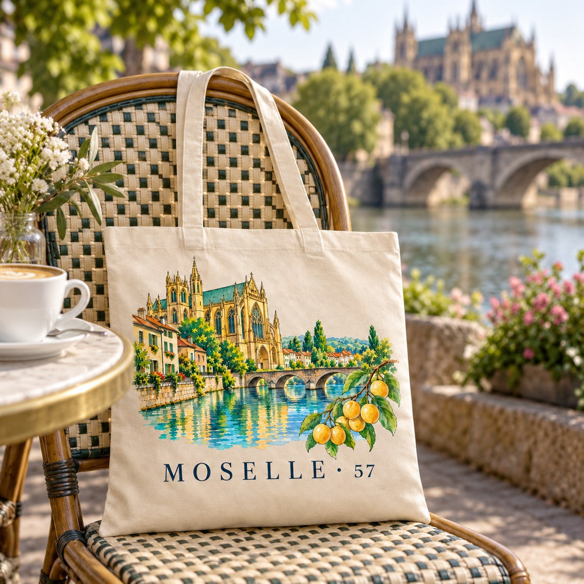 Tote bag Moselle (57) Essentiel suspendu à une chaise en terrasse face à la Moselle, avec un café