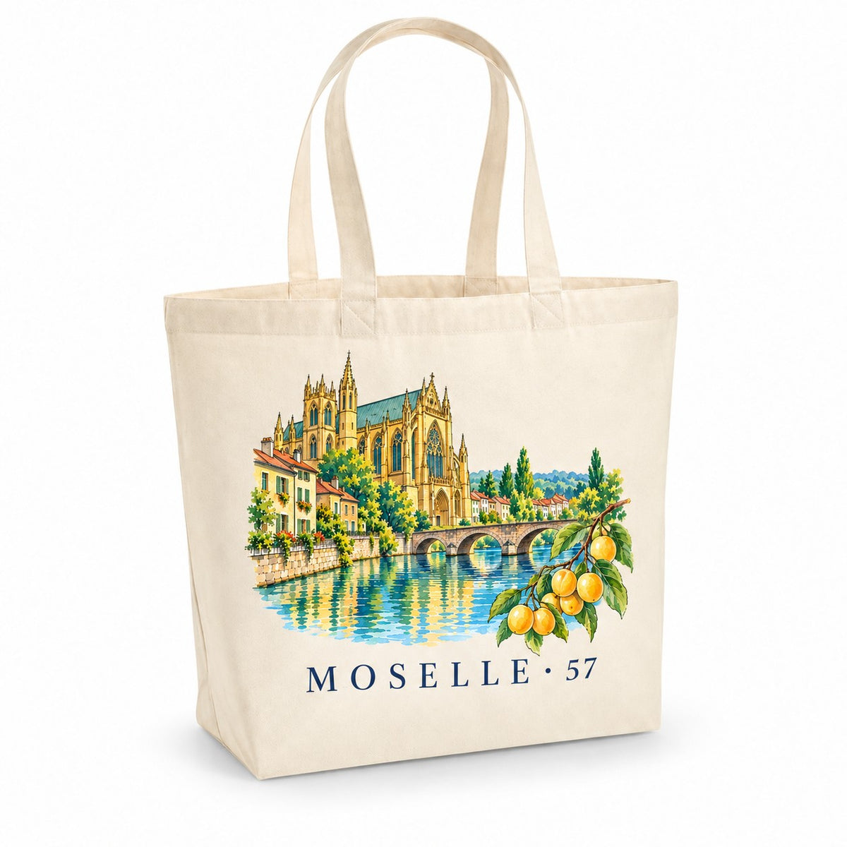 Tote bag Moselle (57) Premium, cabas à soufflet en coton naturel 200 g/m² de 18 litres, illustration aquarelle de la cathédrale, de la Moselle et des mirabelles