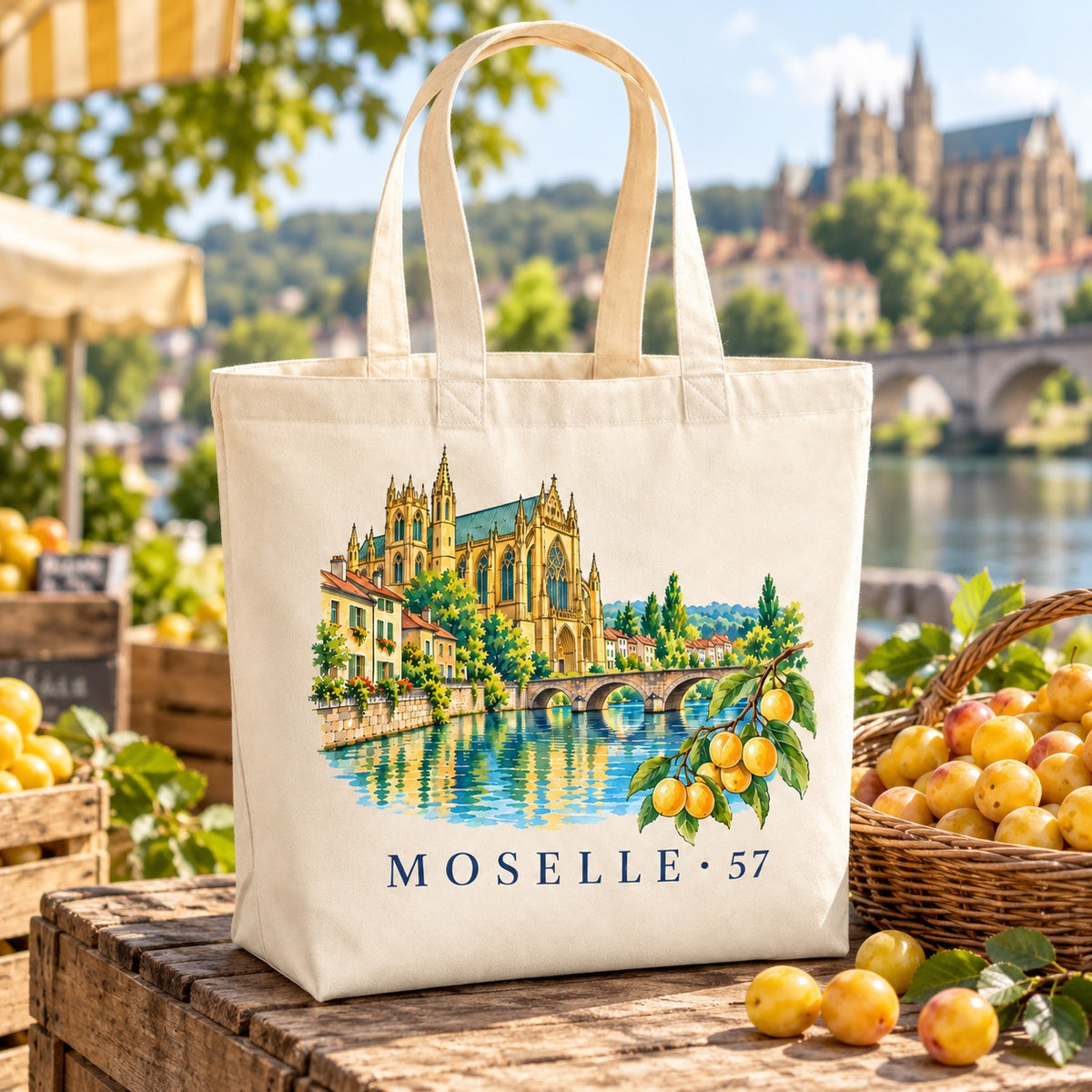 Tote bag Moselle (57) Premium posé sur un étal de marché avec des mirabelles, cathédrale en arrière-plan