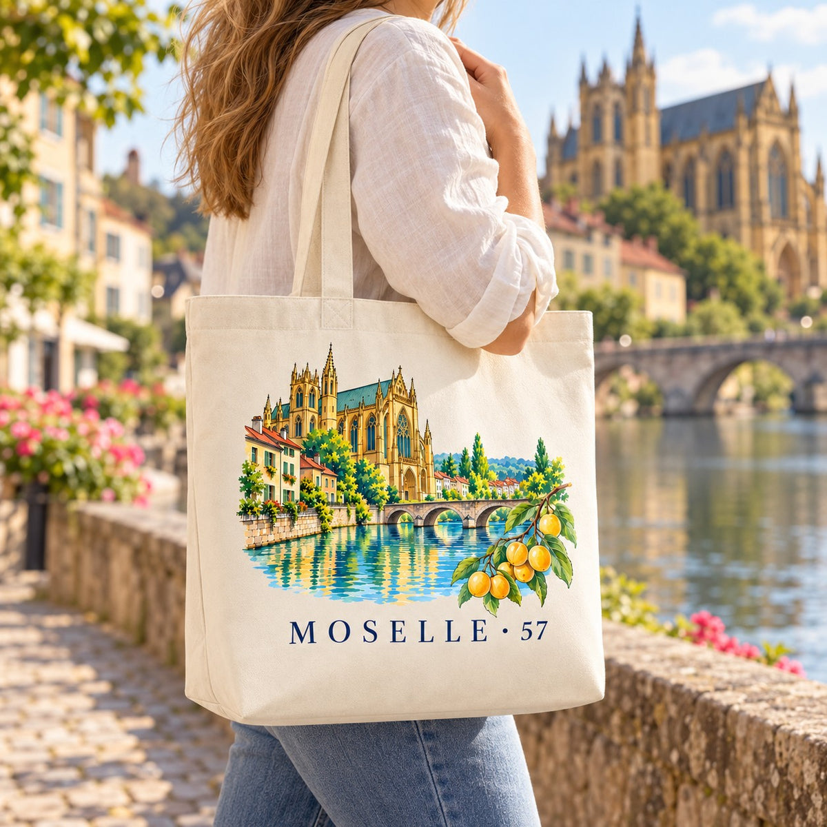 Tote bag Moselle (57) Premium porté à l'épaule sur un quai de la Moselle, cathédrale en arrière-plan