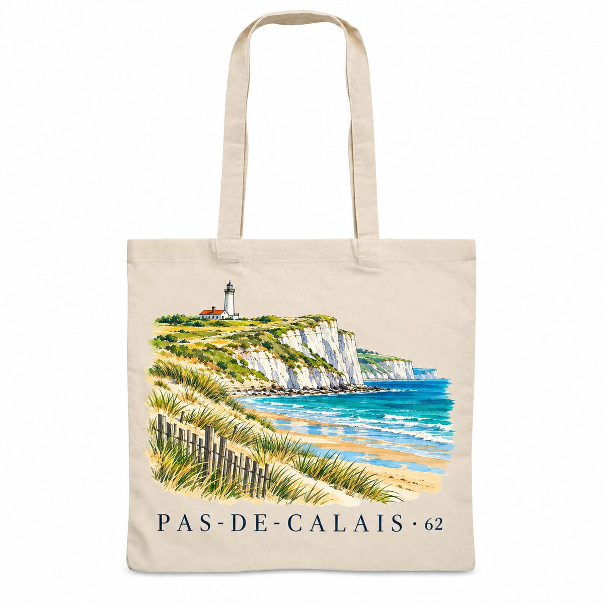 Tote bag Pas-de-Calais (62) Essentiel, sac plat en coton naturel 140 g/m² de 38 × 42 cm, illustration aquarelle des falaises de craie, d'un phare et des dunes