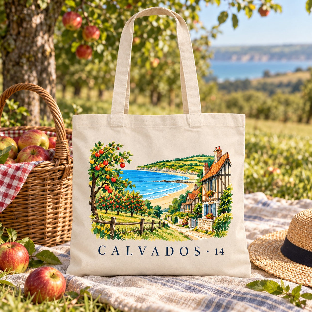 Tote bag Calvados (14) Essentiel posé sur une nappe de pique-nique dans un verger, avec des pommes et un chapeau de paille