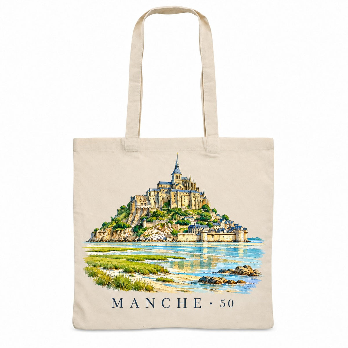 Tote bag Manche (50) Essentiel, sac plat en coton naturel 140 g/m² de 38 × 42 cm, illustration aquarelle du Mont-Saint-Michel et de sa baie