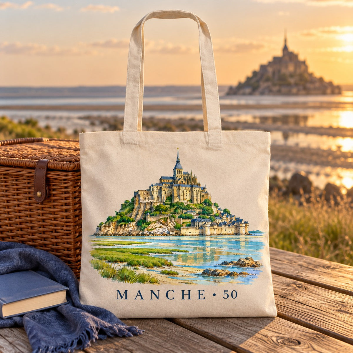 Tote bag Manche (50) Essentiel posé sur une table de bois au coucher du soleil, avec un panier, Mont en arrière-plan