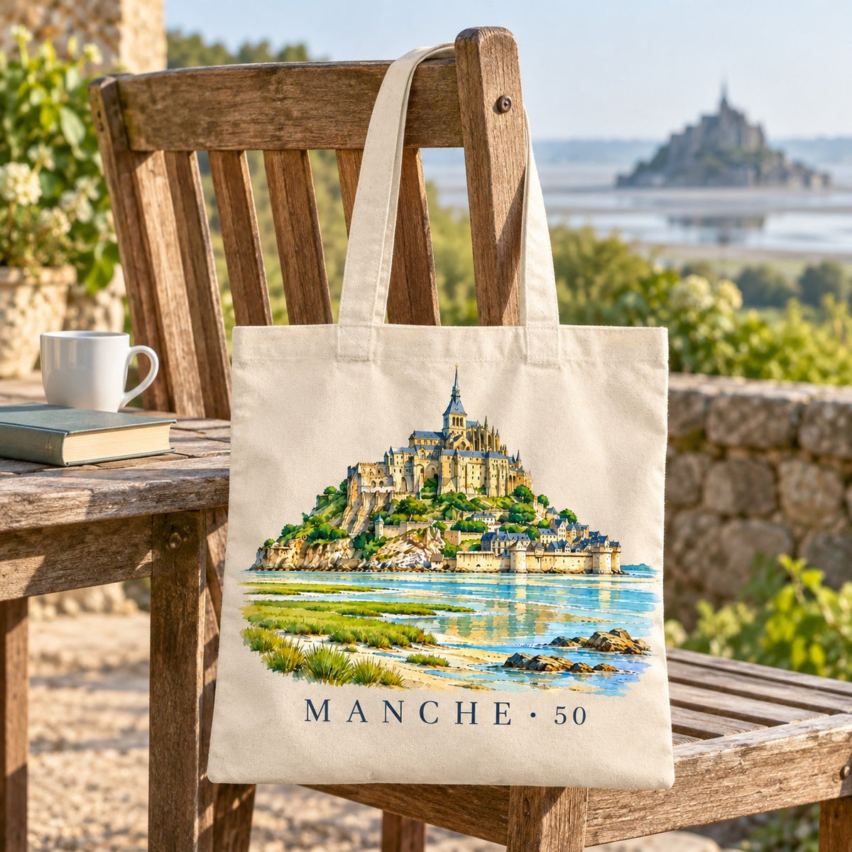 Tote bag Manche (50) Essentiel suspendu à une chaise en terrasse face au Mont, avec un café et un livre