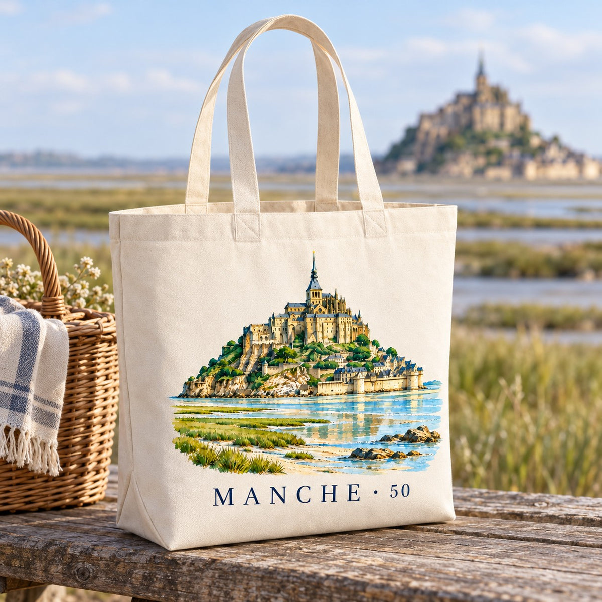 Tote bag Manche (50) Premium posé sur une table de bois face au Mont, avec un panier et un plaid