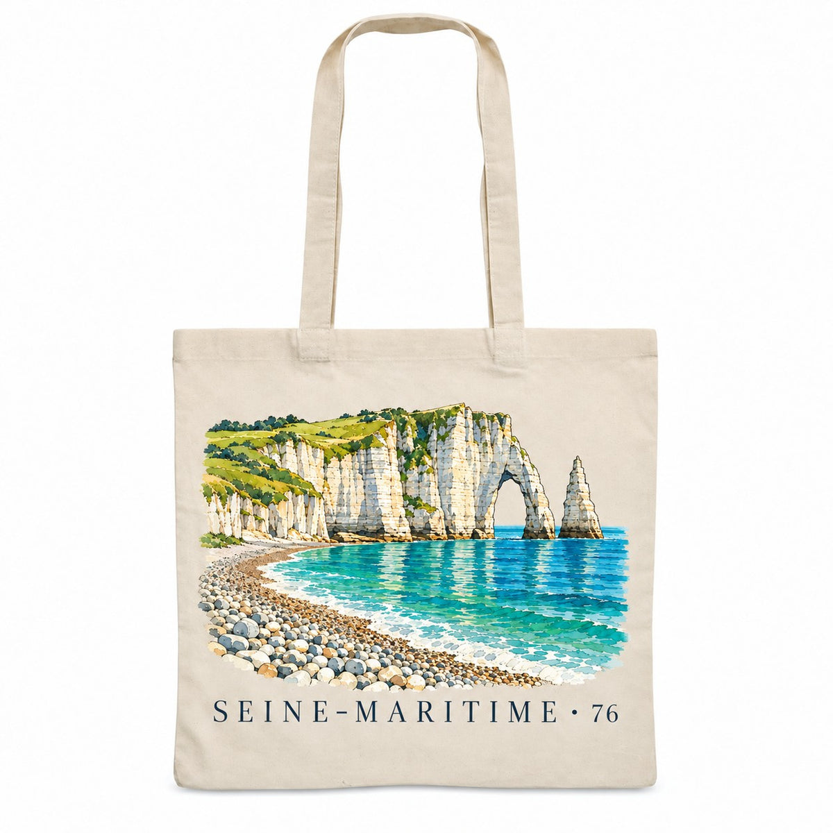Tote bag Seine-Maritime (76) Essentiel, sac plat en coton naturel 140 g/m² de 38 × 42 cm, illustration aquarelle des falaises de craie, de l'arche, de l'aiguille et de la plage de galets