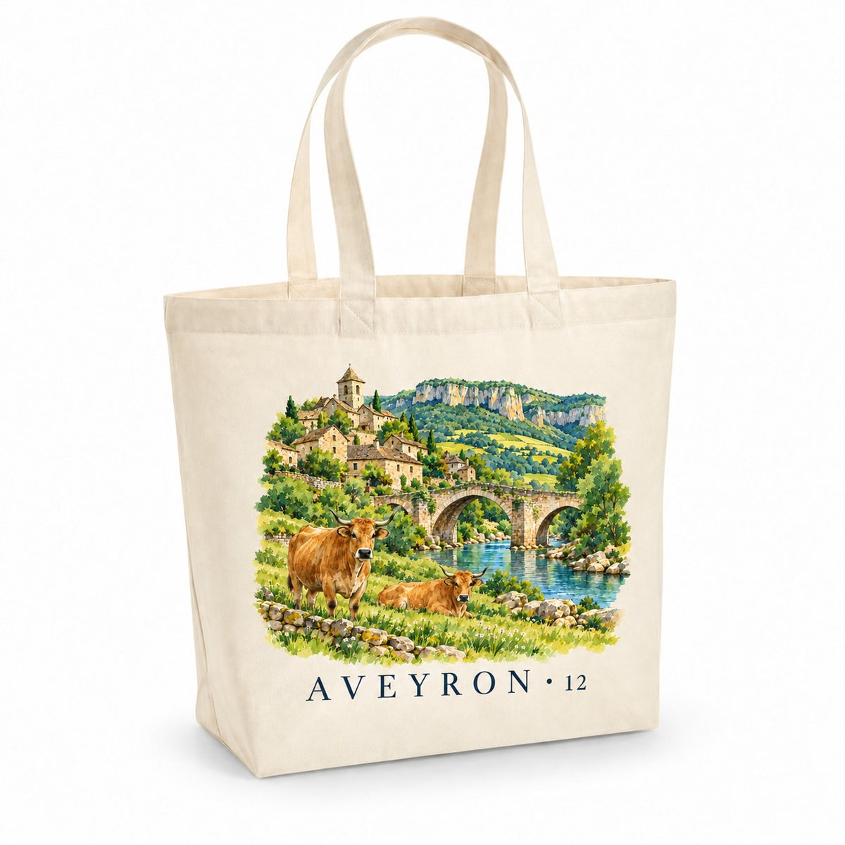 Tote bag Aveyron (12) Premium, cabas à soufflet en coton naturel 200 g/m² de 18 litres, illustration aquarelle d'un village de pierre, d'un pont ancien et de vaches Aubrac