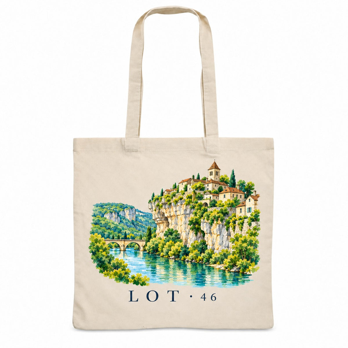 Tote bag Lot (46) Essentiel, sac plat en coton naturel 140 g/m² de 38 × 42 cm, illustration aquarelle d'un village accroché à la falaise au-dessus de la rivière