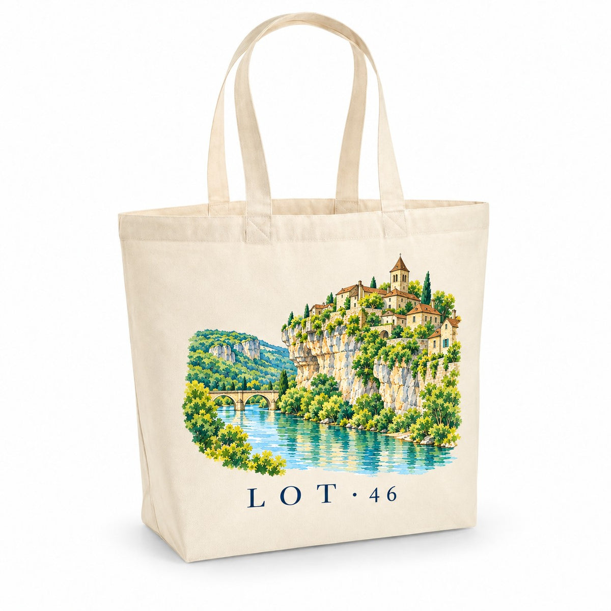 Tote bag Lot (46) Premium, cabas à soufflet en coton naturel 200 g/m² de 18 litres, illustration aquarelle d'un village accroché à la falaise au-dessus de la rivière