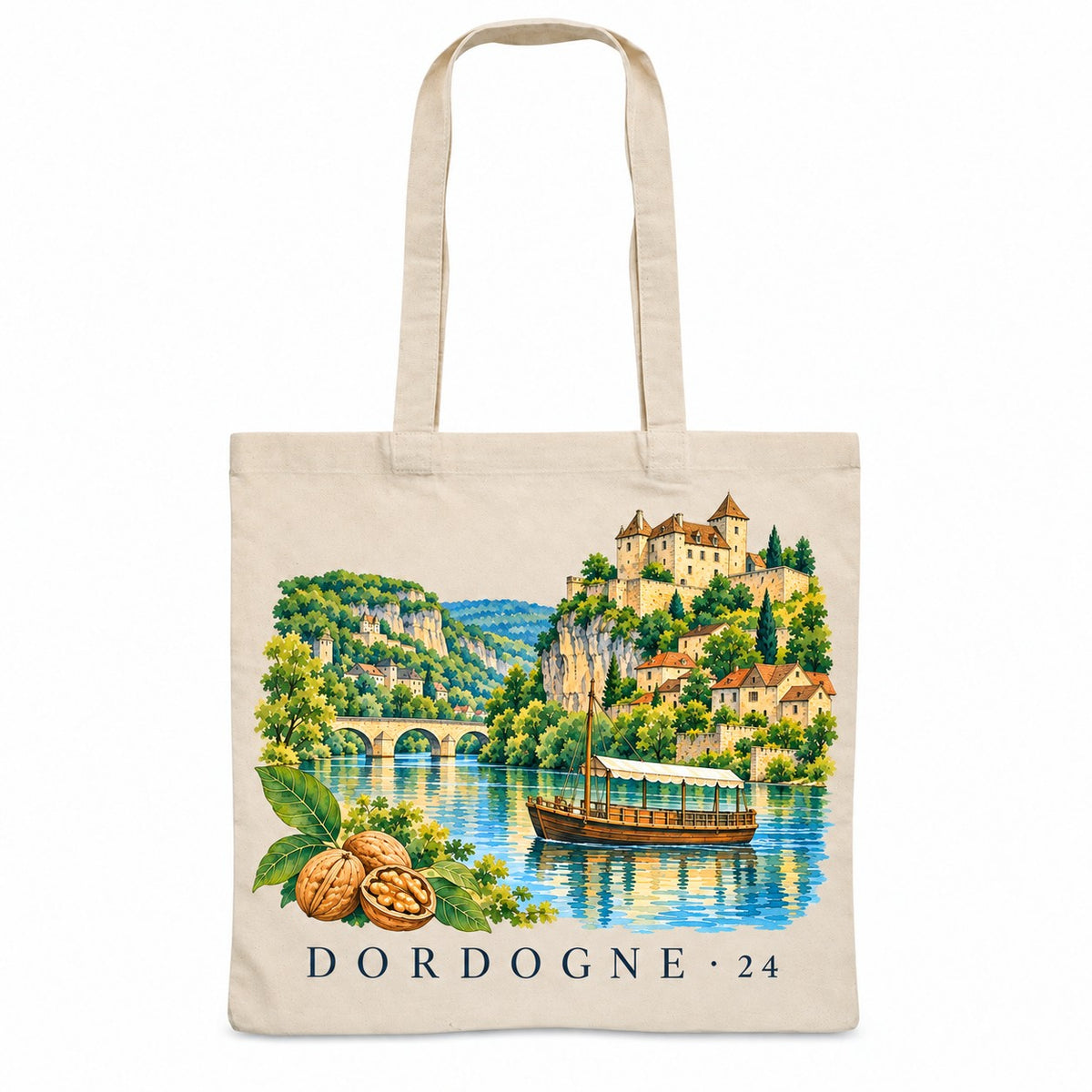 Tote bag Dordogne (24) Essentiel, sac plat en coton naturel 140 g/m² de 38 × 42 cm, illustration aquarelle d'un château perché, d'une gabarre sur la rivière et de noix