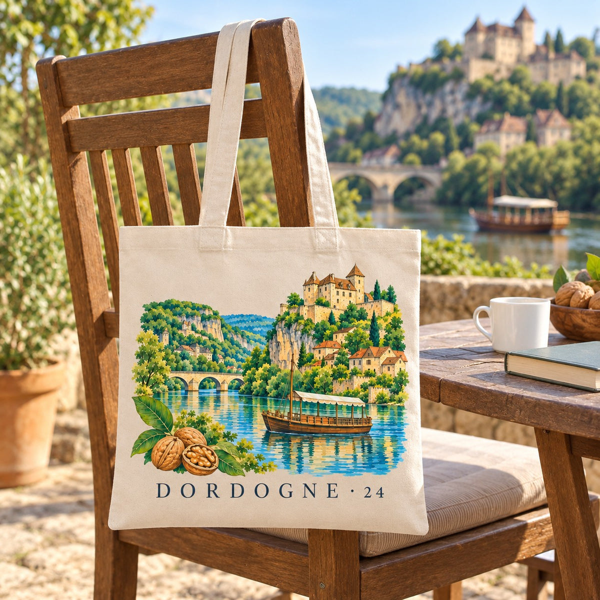 Tote bag Dordogne (24) Essentiel suspendu à une chaise en terrasse face à la rivière, avec un café et un livre