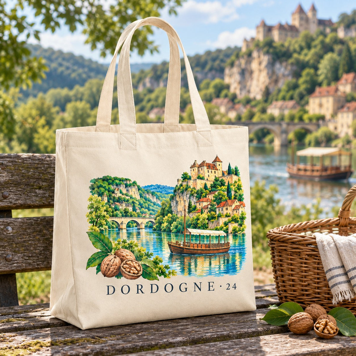 Tote bag Dordogne (24) Premium posé sur un banc de bois, avec un panier et des noix