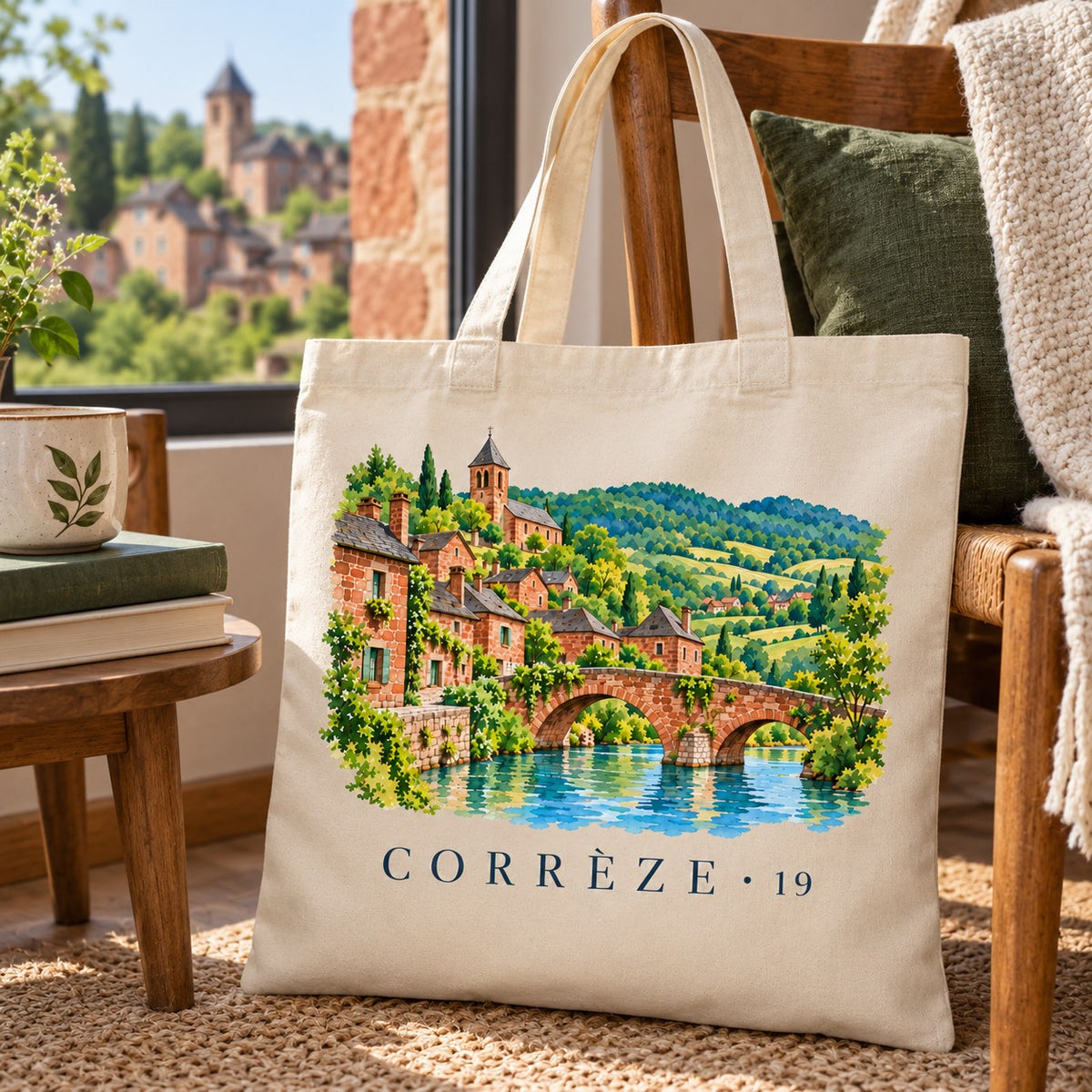 Tote bag Corrèze (19) Essentiel posé près d'une fenêtre ouverte sur le village de grès rouge