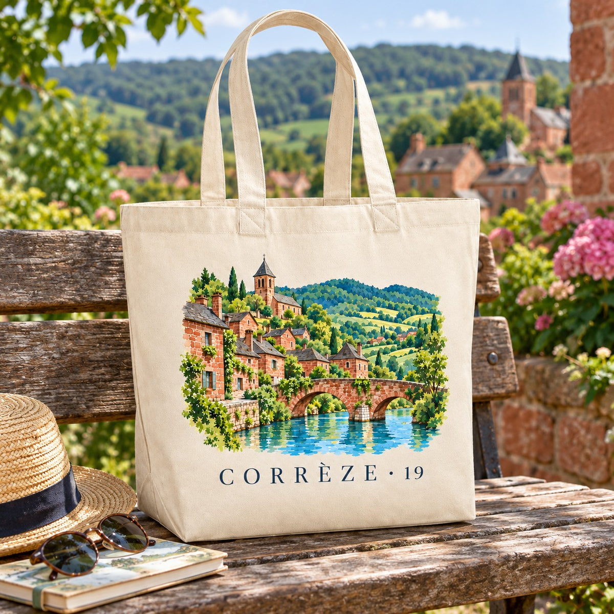 Tote bag Corrèze (19) Premium posé sur un banc de bois, avec un chapeau de paille et un carnet
