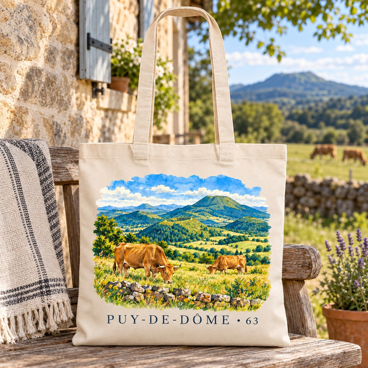 Tote bag Puy-de-Dôme (63) Essentiel posé sur un banc devant une maison de pierre, vaches au pré en arrière-plan
