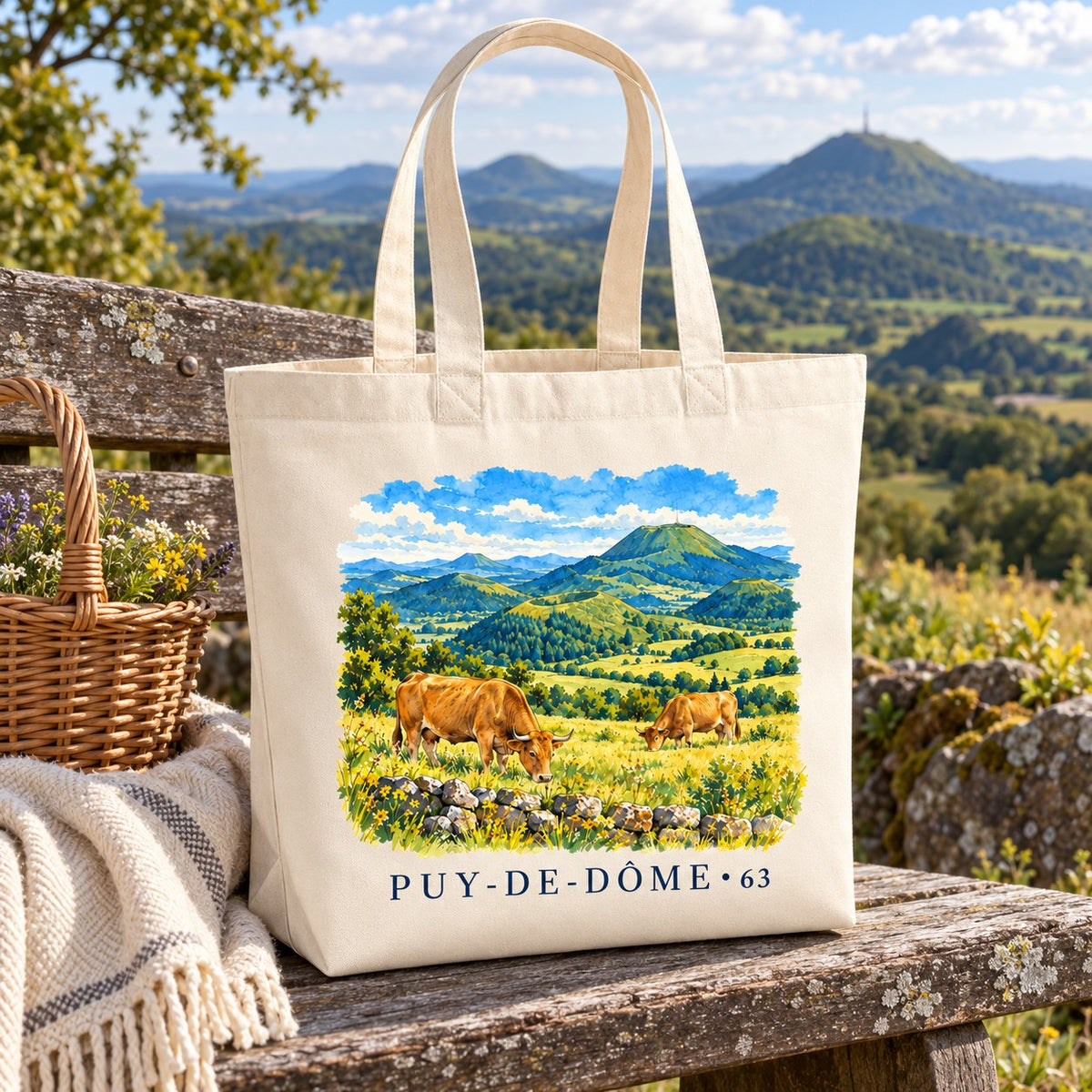 Tote bag Puy-de-Dôme (63) Premium posé sur un banc de bois, avec un panier et un plaid, volcans en arrière-plan