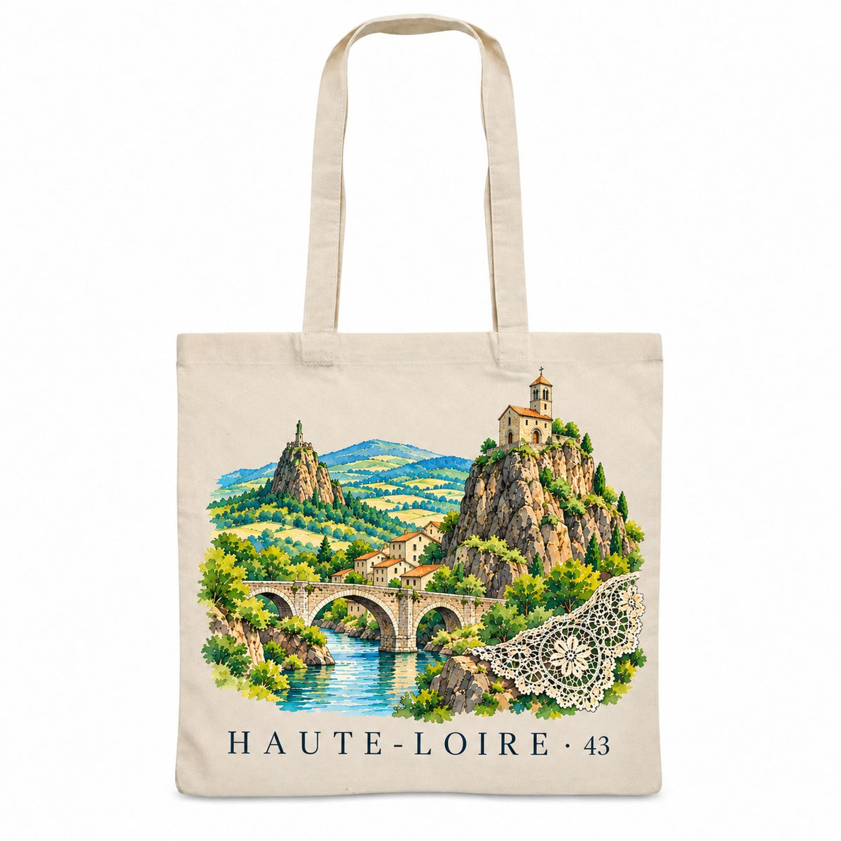 Tote bag Haute-Loire (43) Essentiel, sac plat en coton naturel 140 g/m² de 38 × 42 cm, illustration aquarelle d'une chapelle sur son rocher volcanique, d'un pont ancien et de dentelle