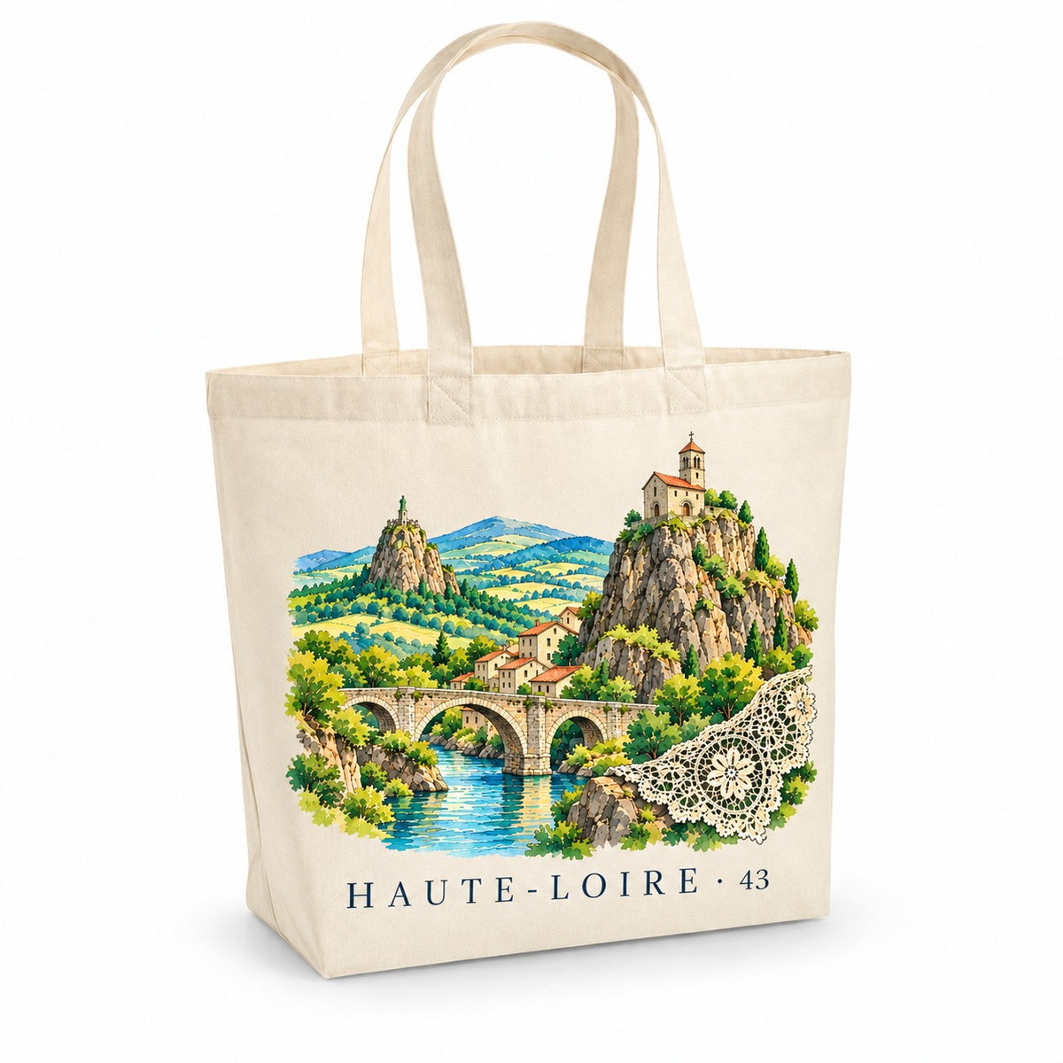 Tote bag Haute-Loire (43) Premium, cabas à soufflet en coton naturel 200 g/m² de 18 litres, illustration aquarelle d'une chapelle sur son rocher volcanique, d'un pont ancien et de dentelle