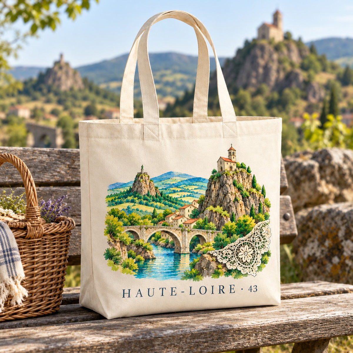 Tote bag Haute-Loire (43) Premium posé sur un banc de bois, avec un panier et un plaid