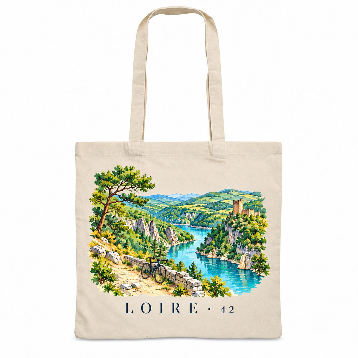 Tote bag Loire (42) Essentiel, sac plat en coton naturel 140 g/m² de 38 × 42 cm, illustration aquarelle des gorges de la Loire, d'un lac et d'une tour médiévale