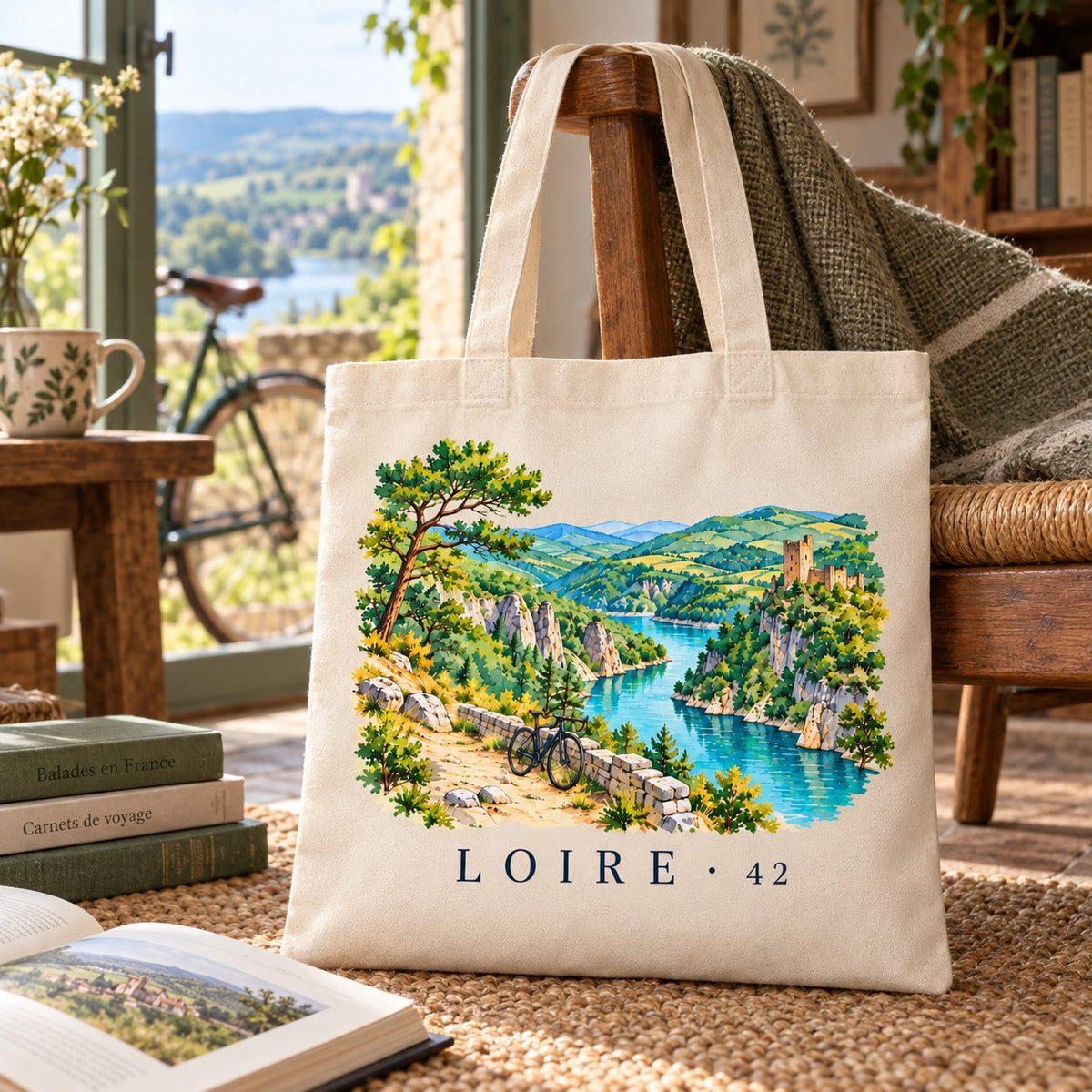 Tote bag Loire (42) Essentiel posé près d'une fenêtre ouverte sur les gorges, avec des livres