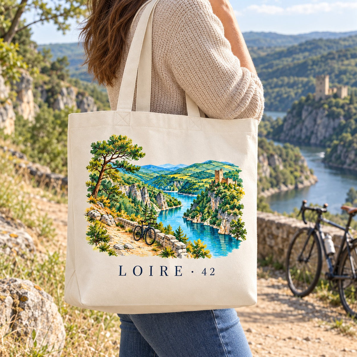 Tote bag Loire (42) Premium porté à l'épaule sur un belvédère au-dessus des gorges, à côté d'un vélo