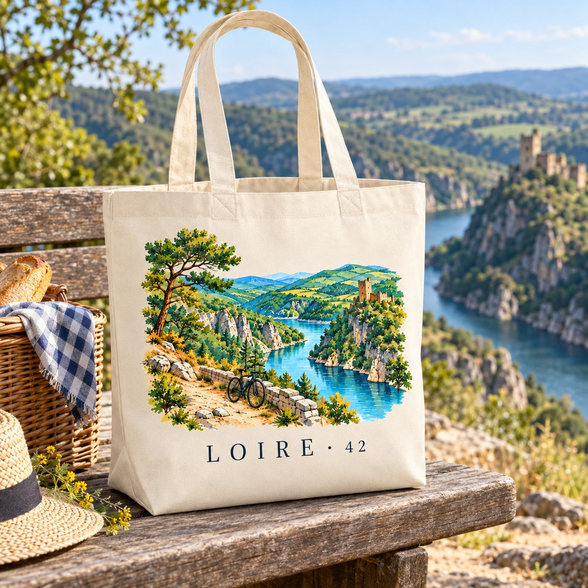 Tote bag Loire (42) Premium posé sur un banc de bois face aux gorges, avec un panier et un chapeau de paille